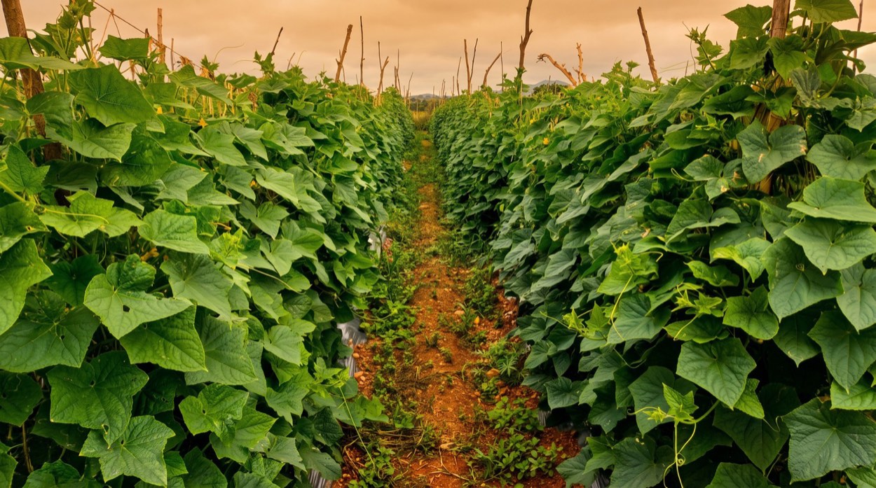 Trellised gherkin fields grown for Vishaal Natural