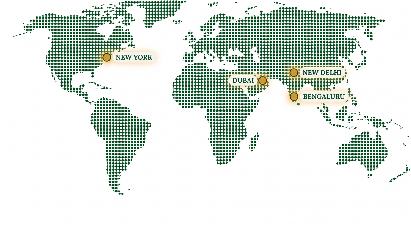 Map showing Vishaal Natural offices in Bengaluru, New Delhi, New York and Dubai